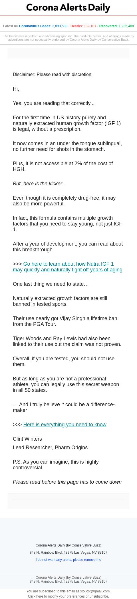 Screenshot of the email generated on import