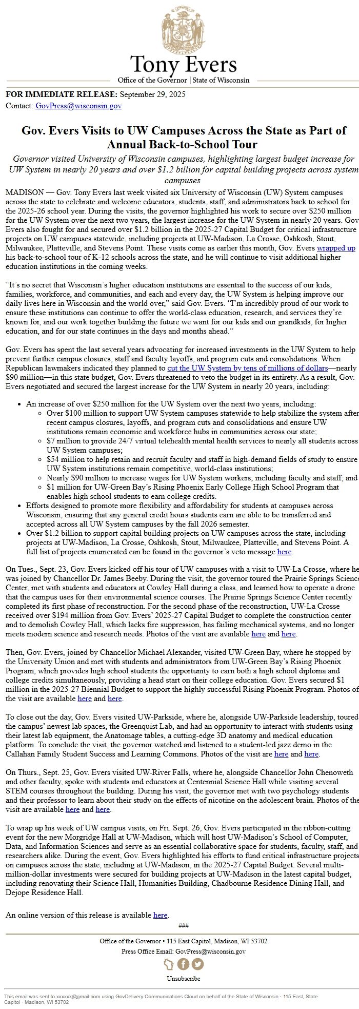 Screenshot of the email generated on import