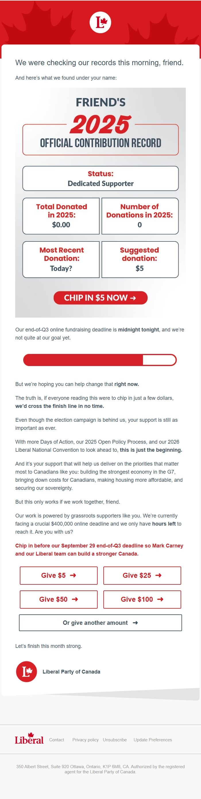 Screenshot of the email generated on import