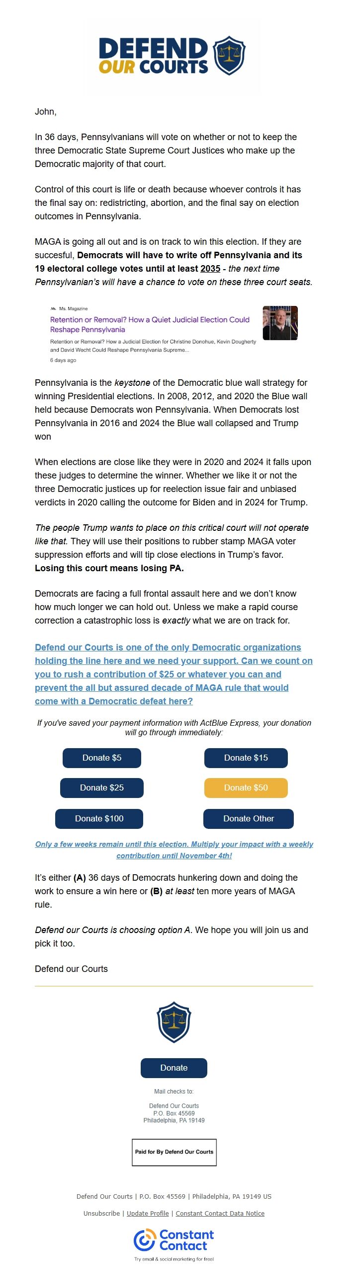 Screenshot of the email generated on import