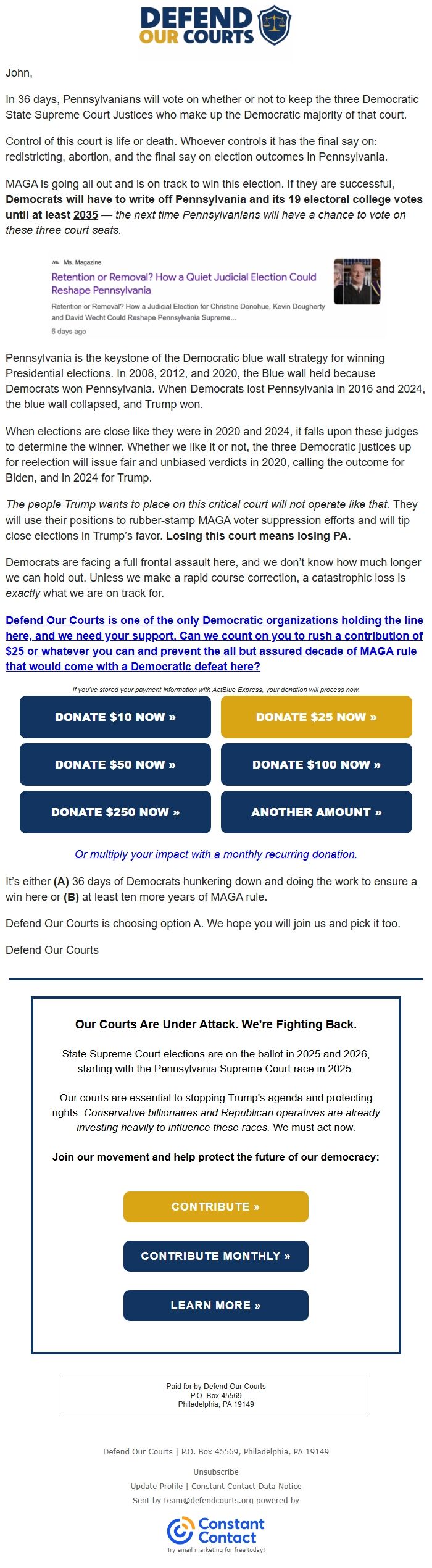 Screenshot of the email generated on import