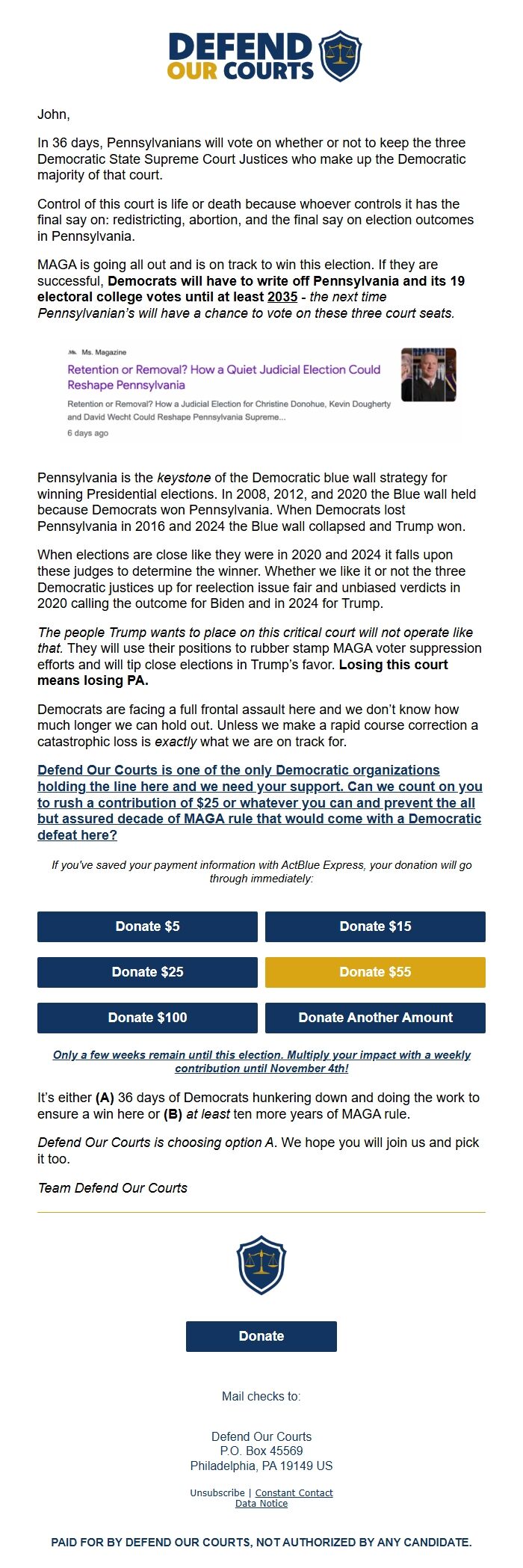 Screenshot of the email generated on import