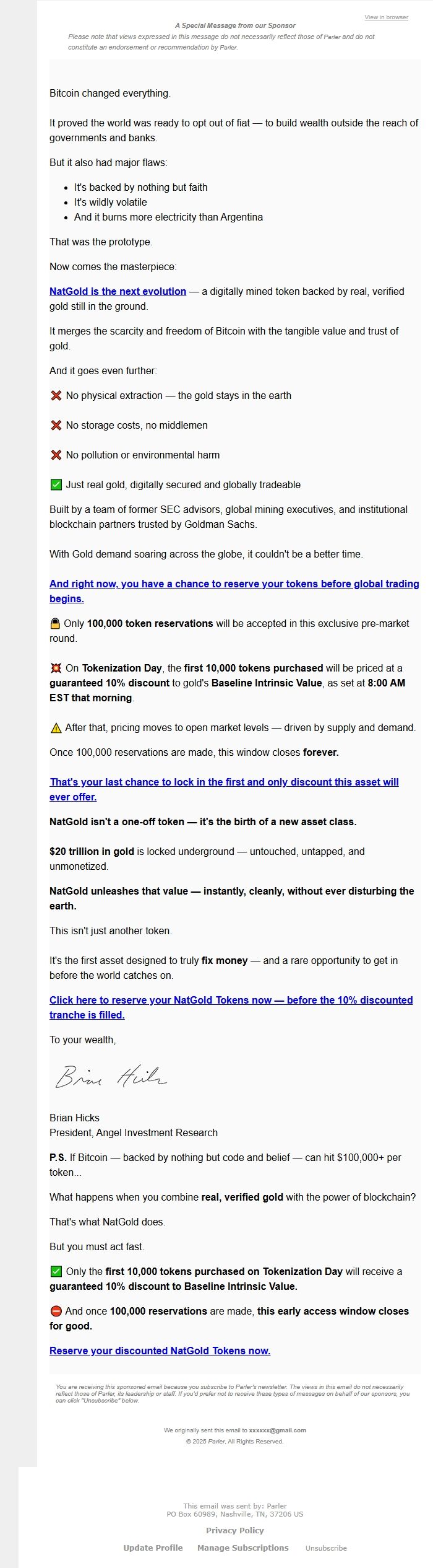 Screenshot of the email generated on import
