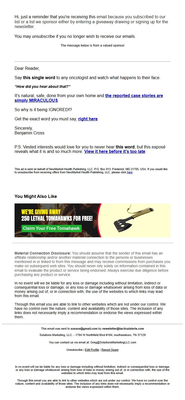 Screenshot of the email generated on import