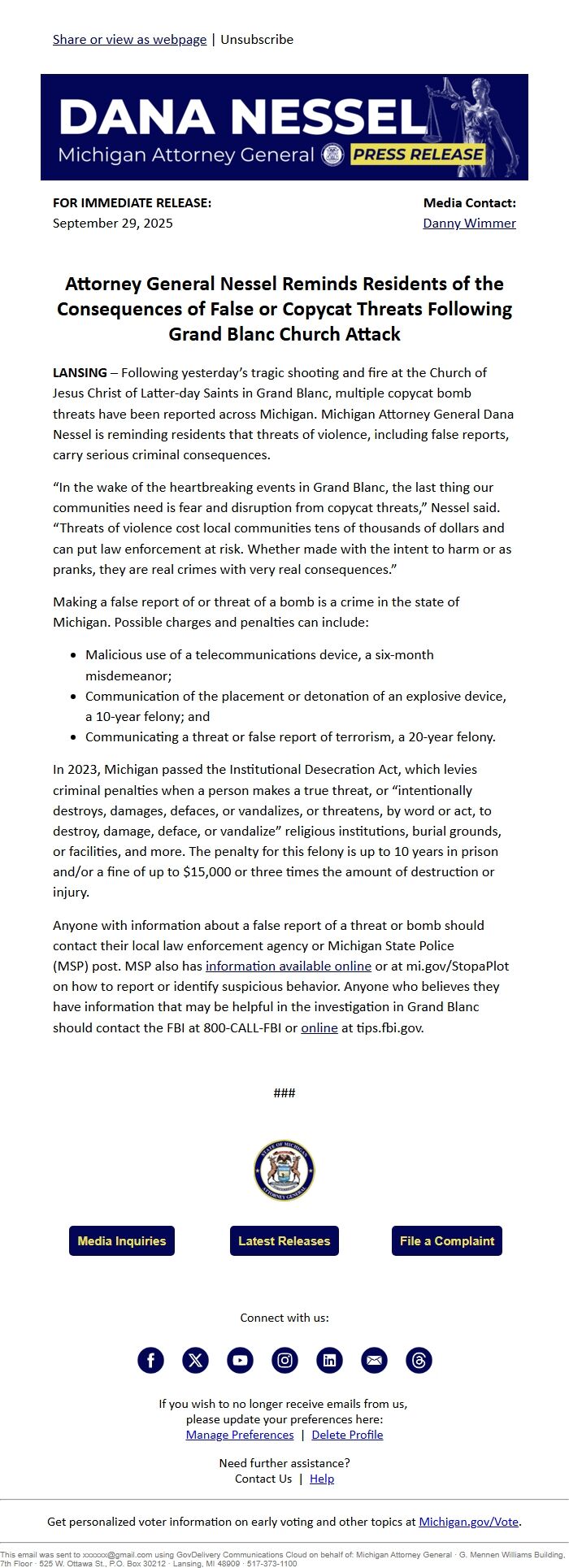 Screenshot of the email generated on import