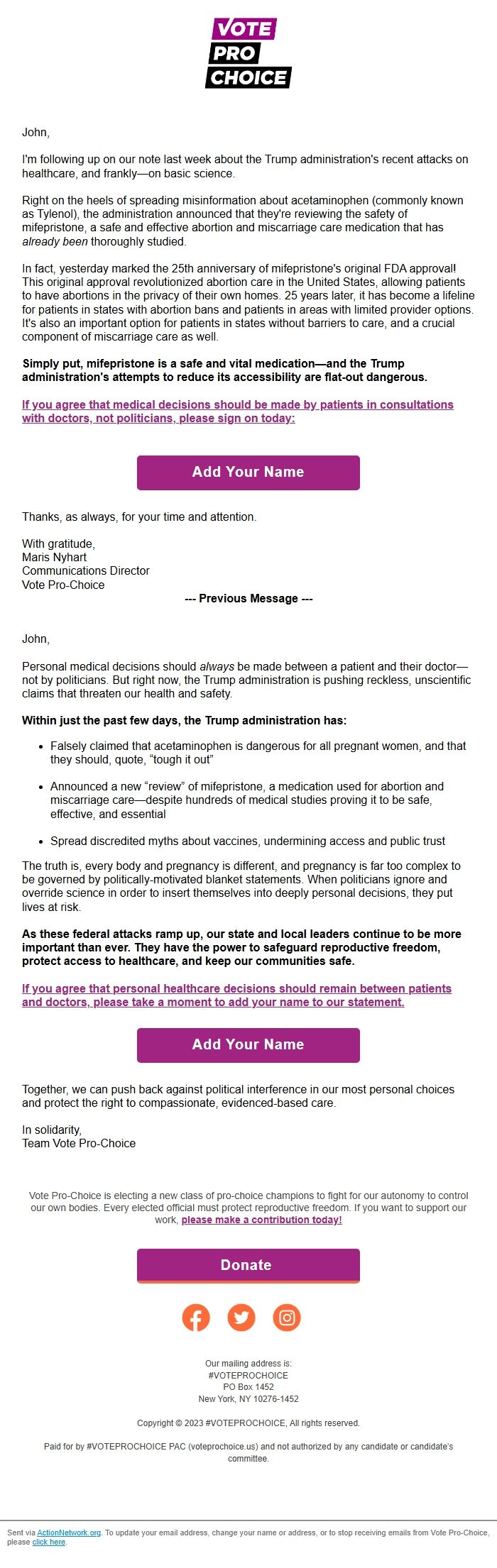 Screenshot of the email generated on import