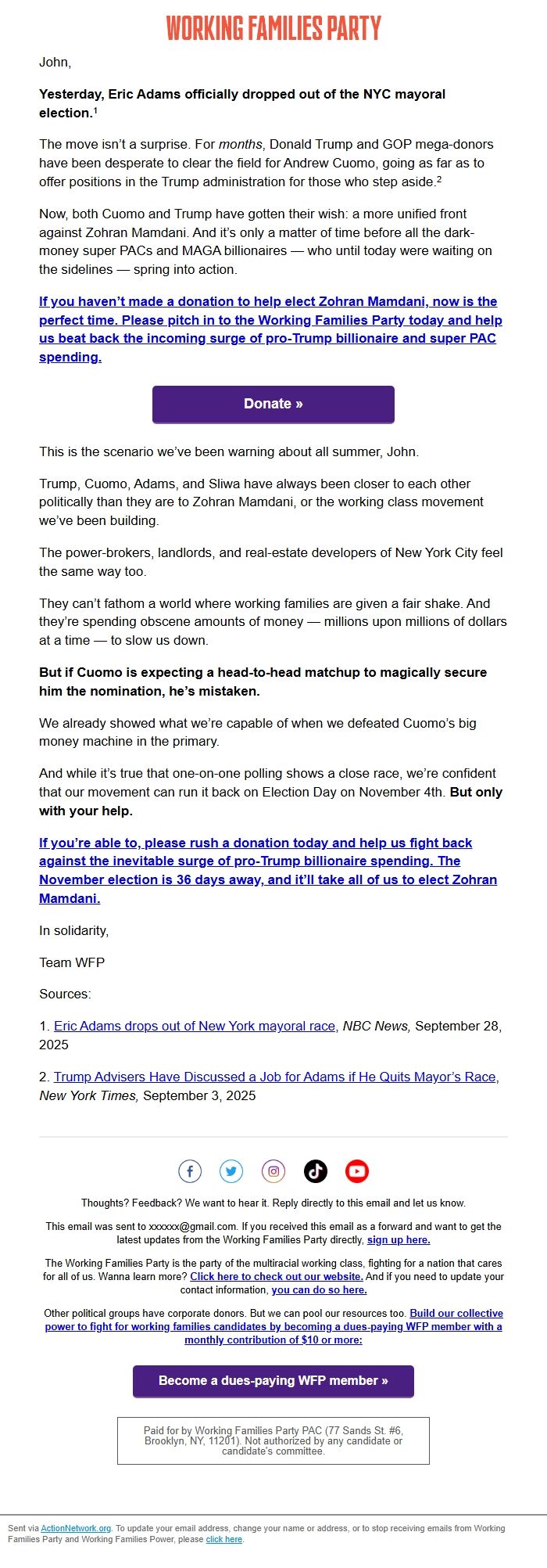 Screenshot of the email generated on import