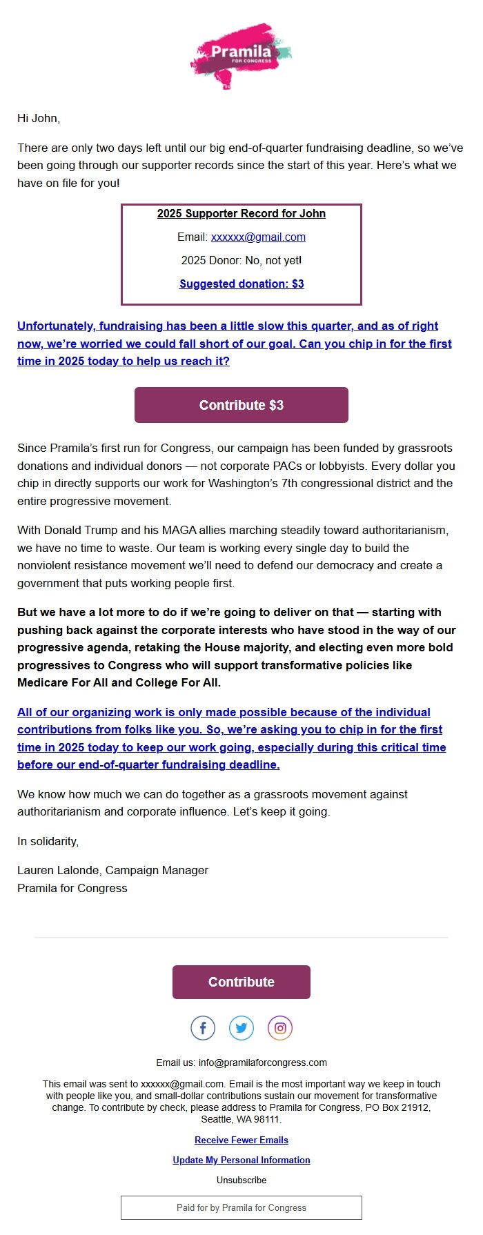 Screenshot of the email generated on import