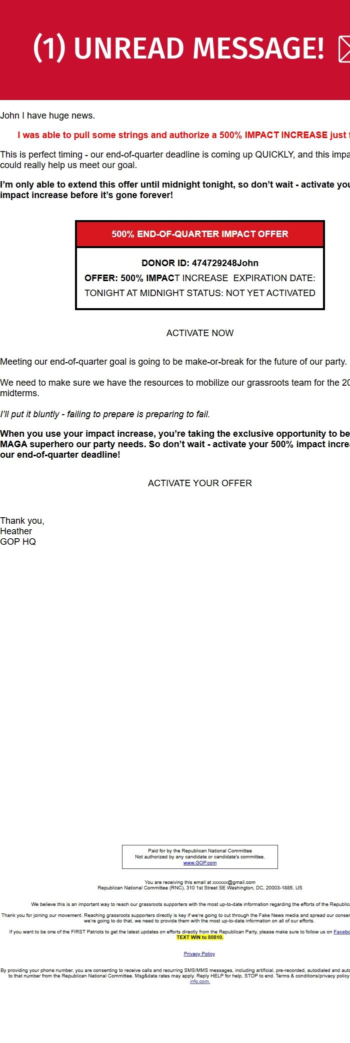 Screenshot of the email generated on import