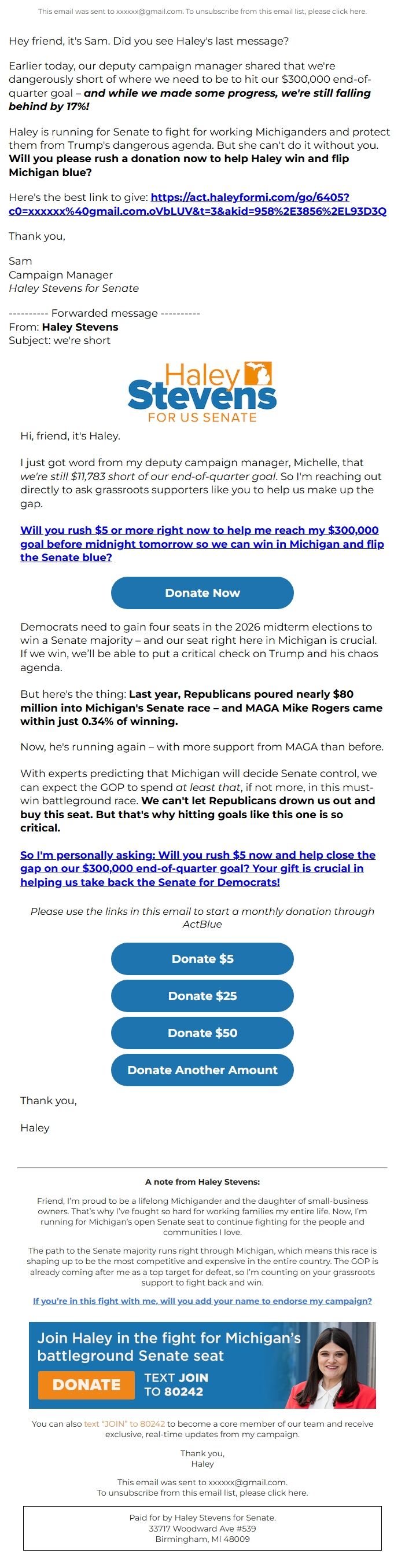 Screenshot of the email generated on import