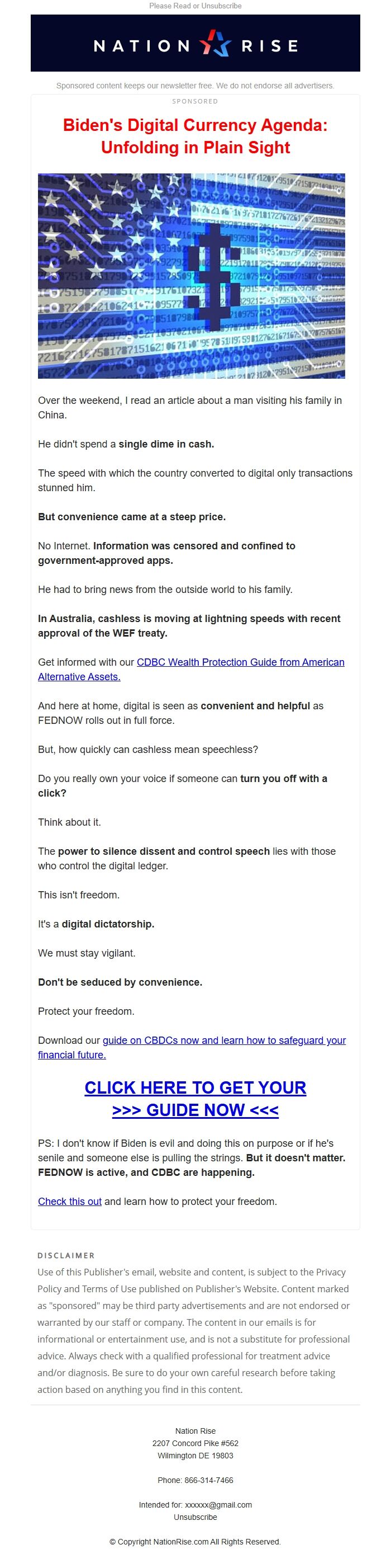 Screenshot of the email generated on import