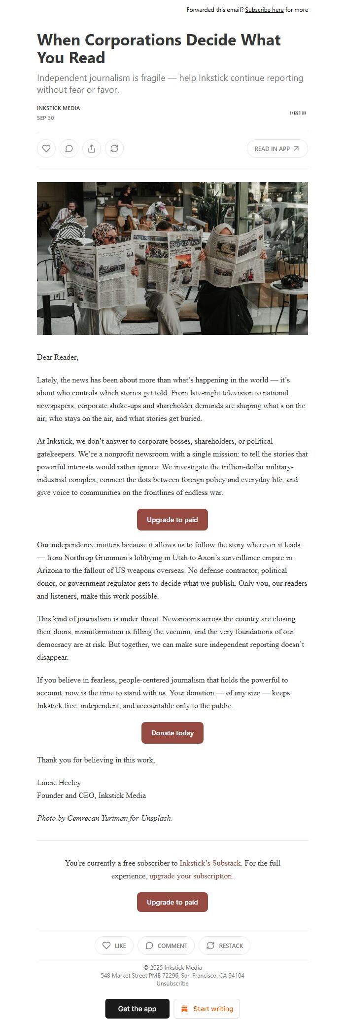 Screenshot of the email generated on import