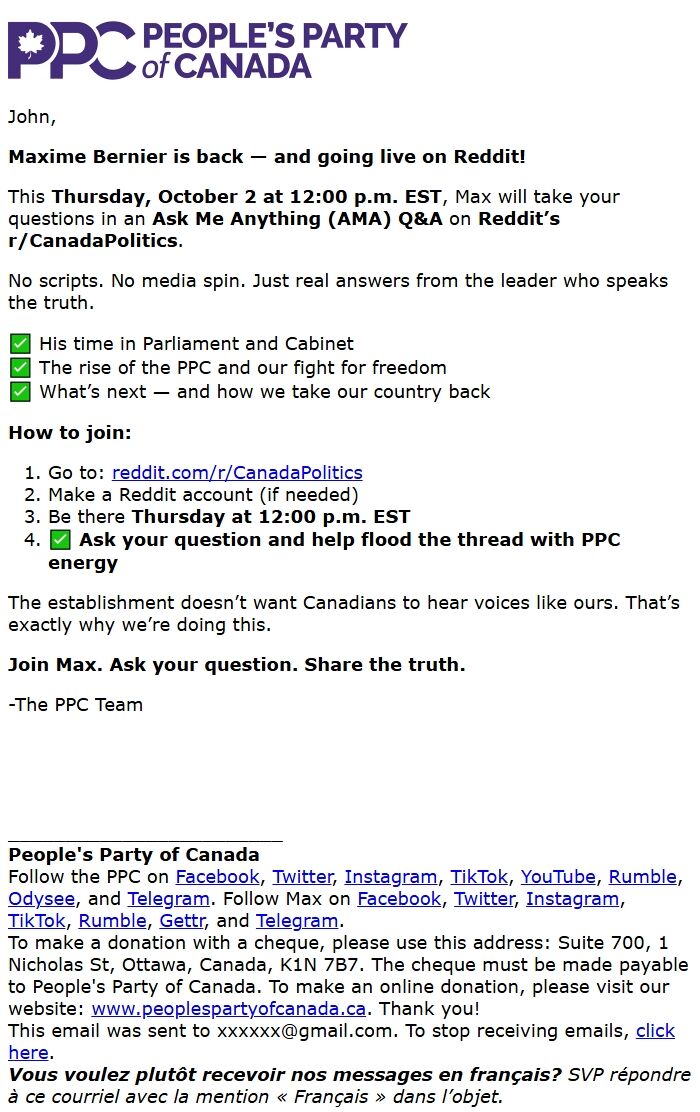 Screenshot of the email generated on import