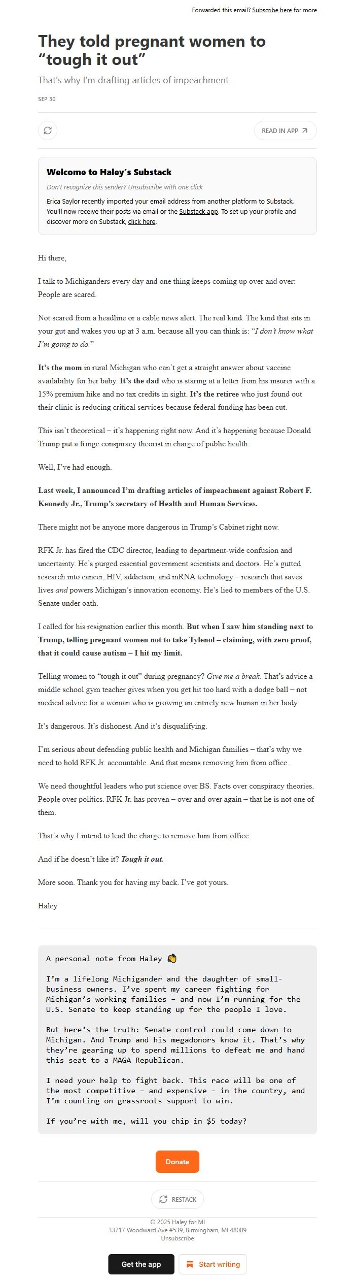 Screenshot of the email generated on import