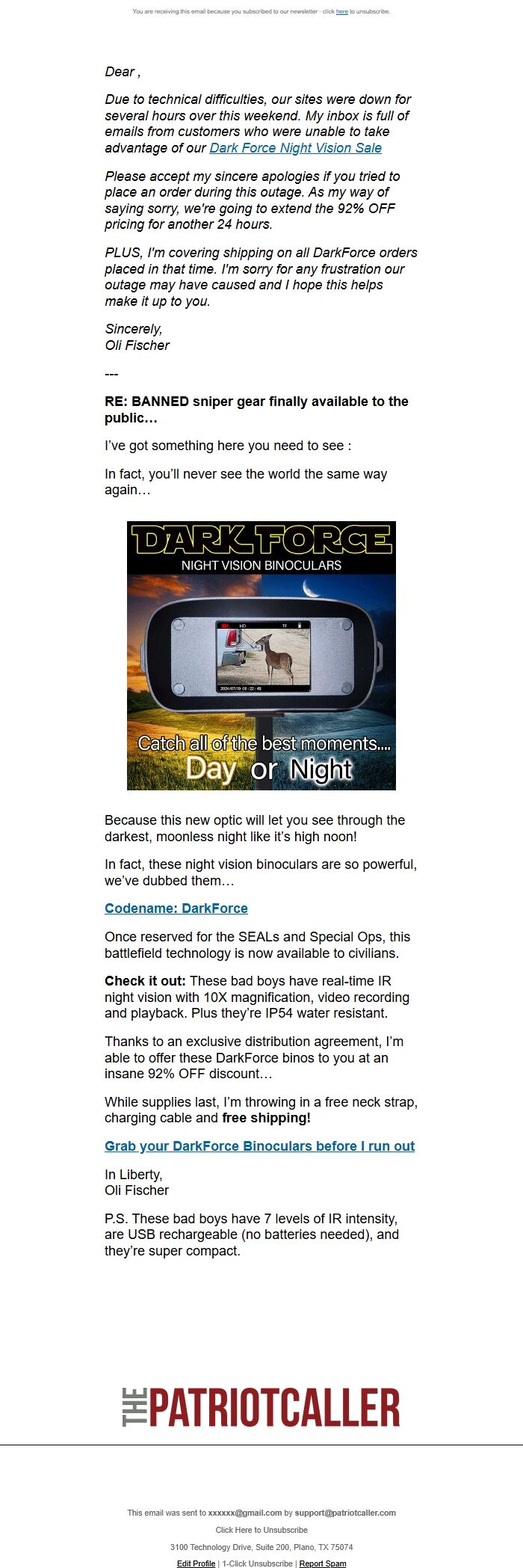 Screenshot of the email generated on import