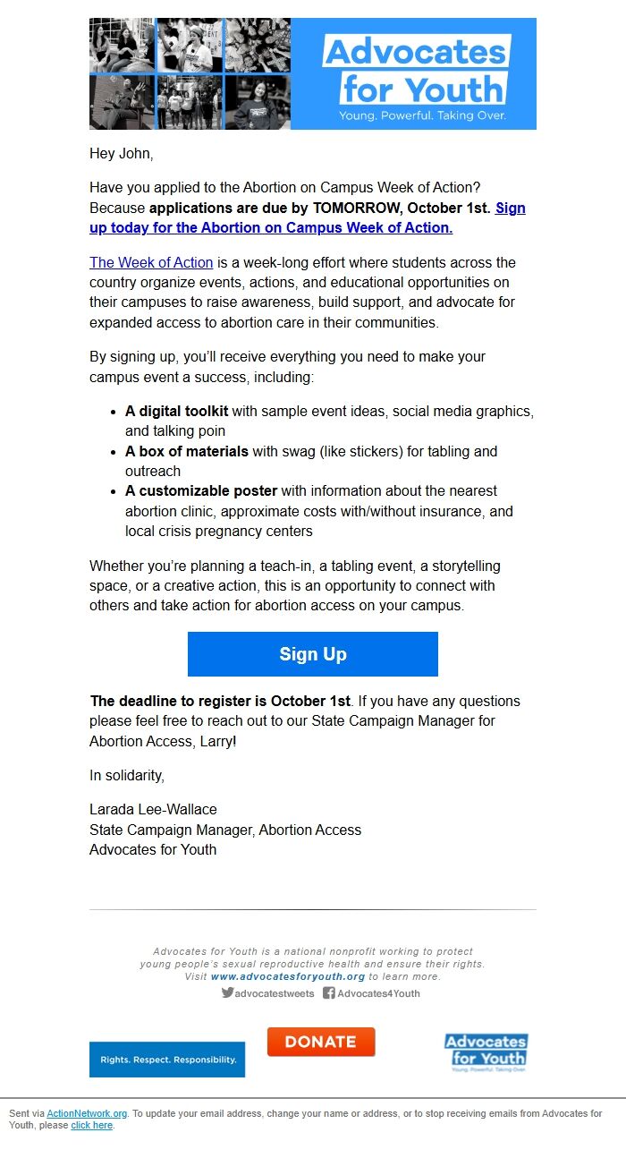Screenshot of the email generated on import