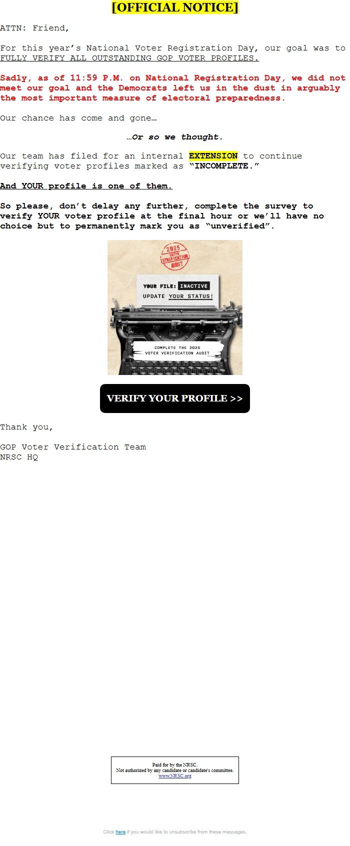 Screenshot of the email generated on import