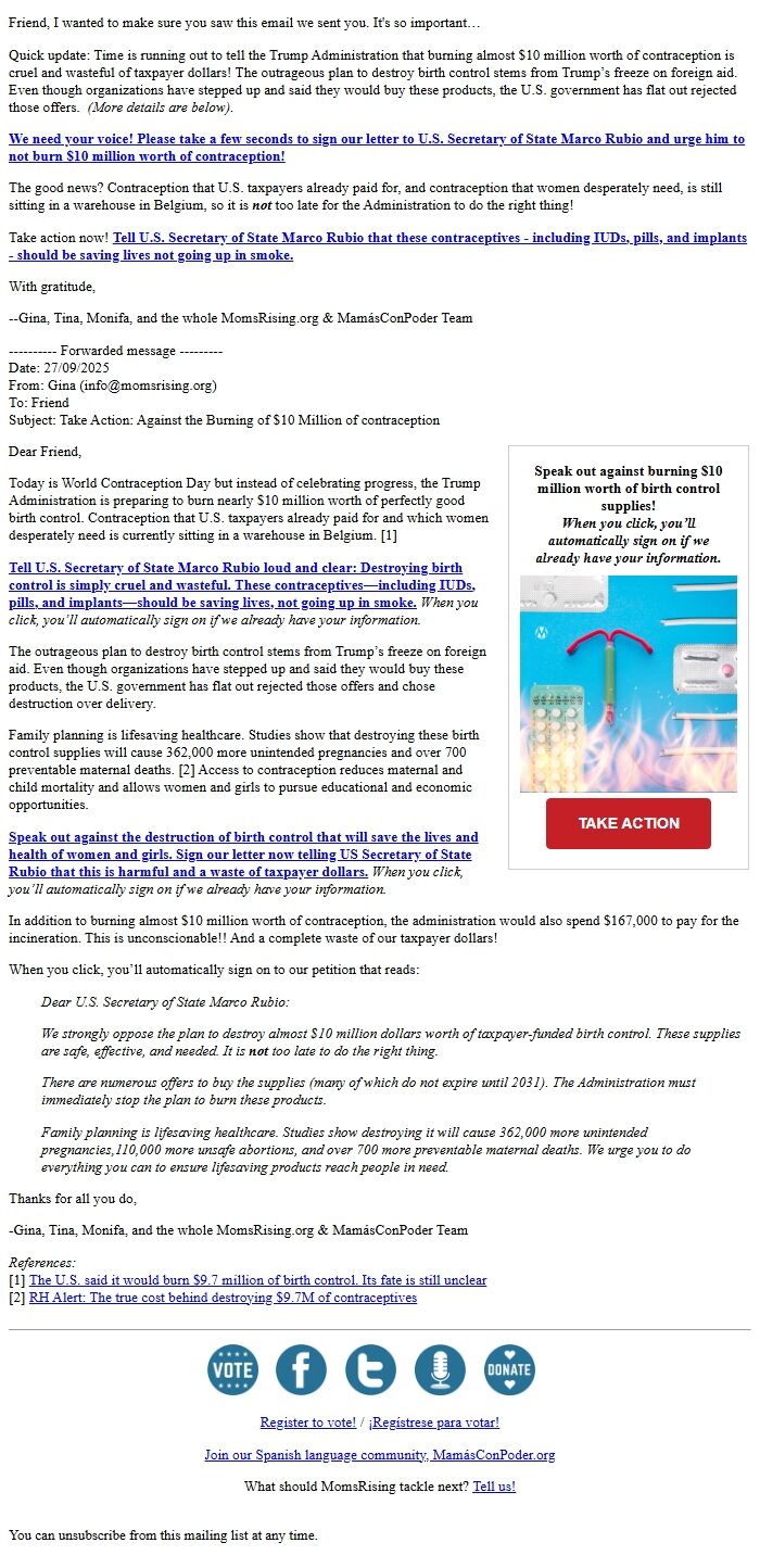 Screenshot of the email generated on import