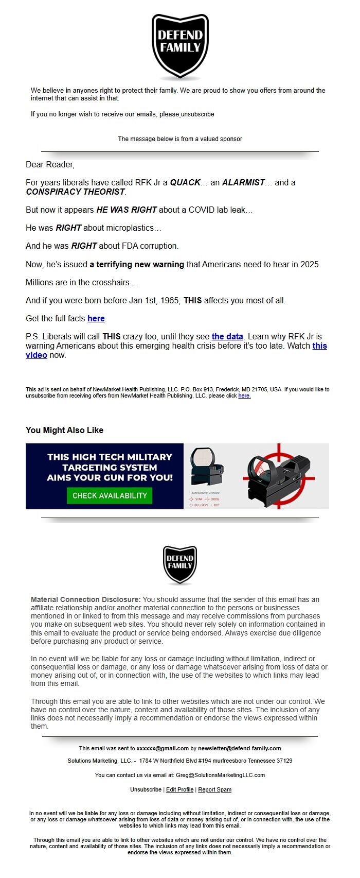 Screenshot of the email generated on import