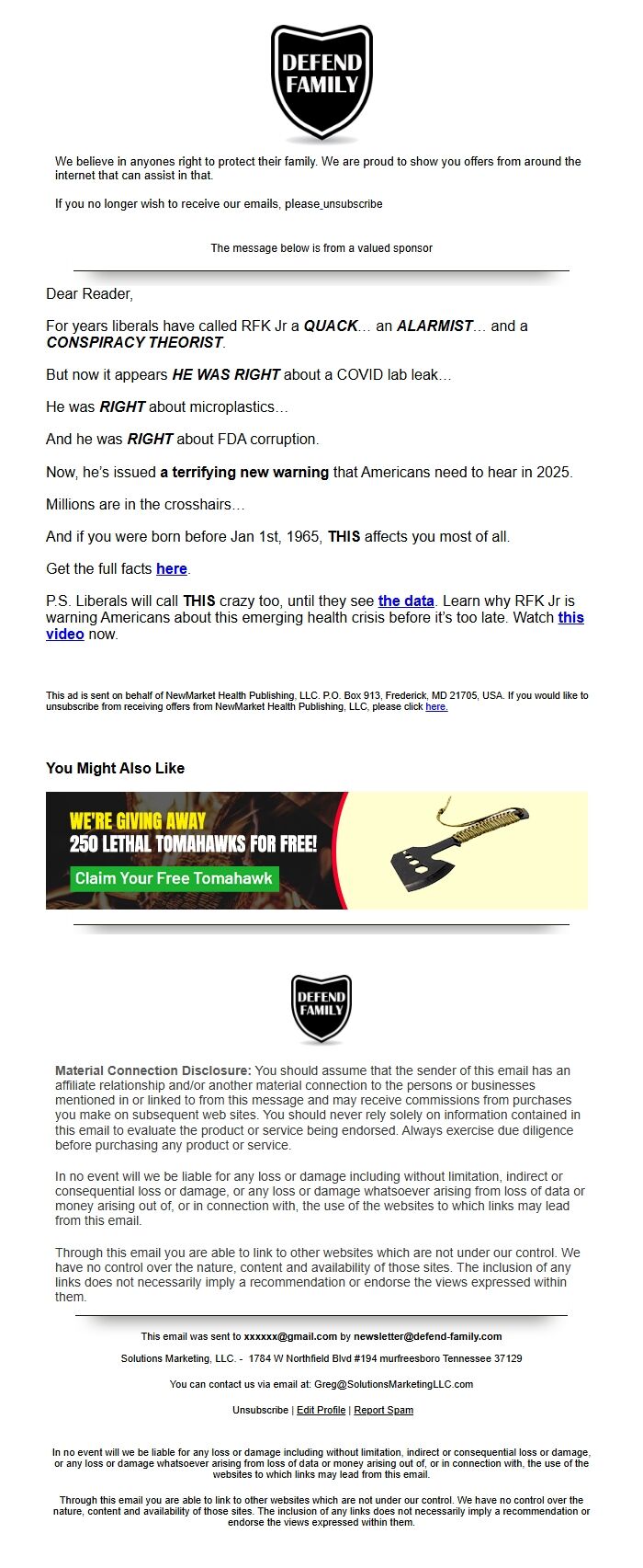 Screenshot of the email generated on import