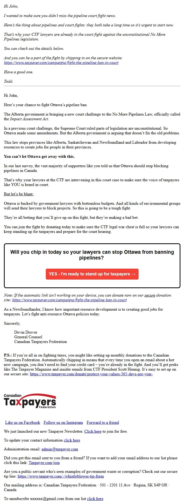 Screenshot of the email generated on import