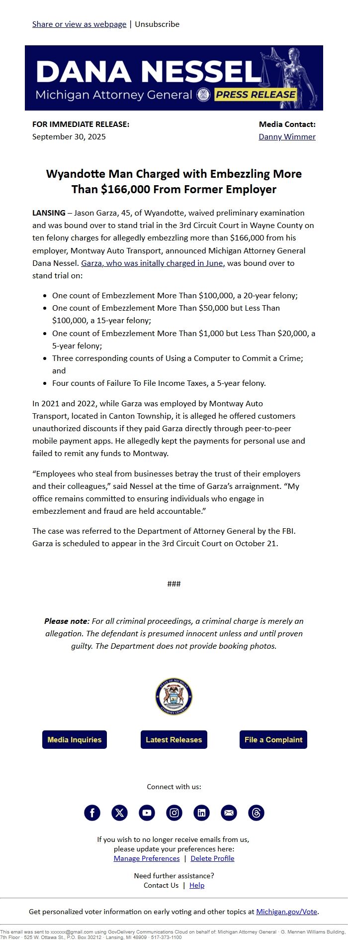 Screenshot of the email generated on import