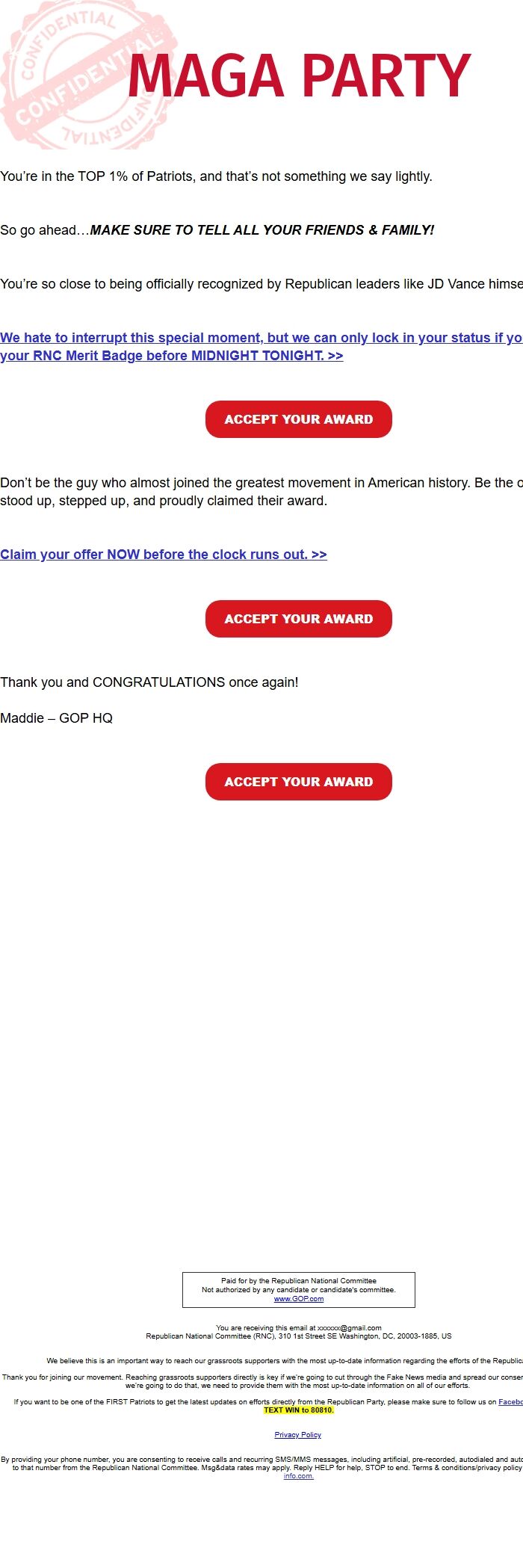 Screenshot of the email generated on import