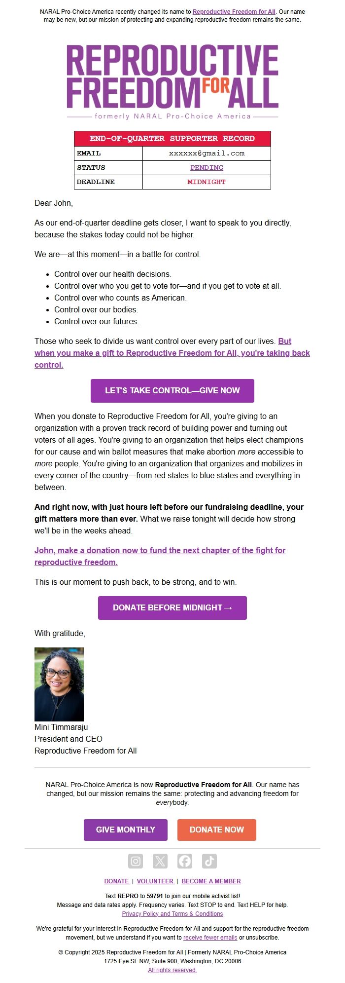 Screenshot of the email generated on import