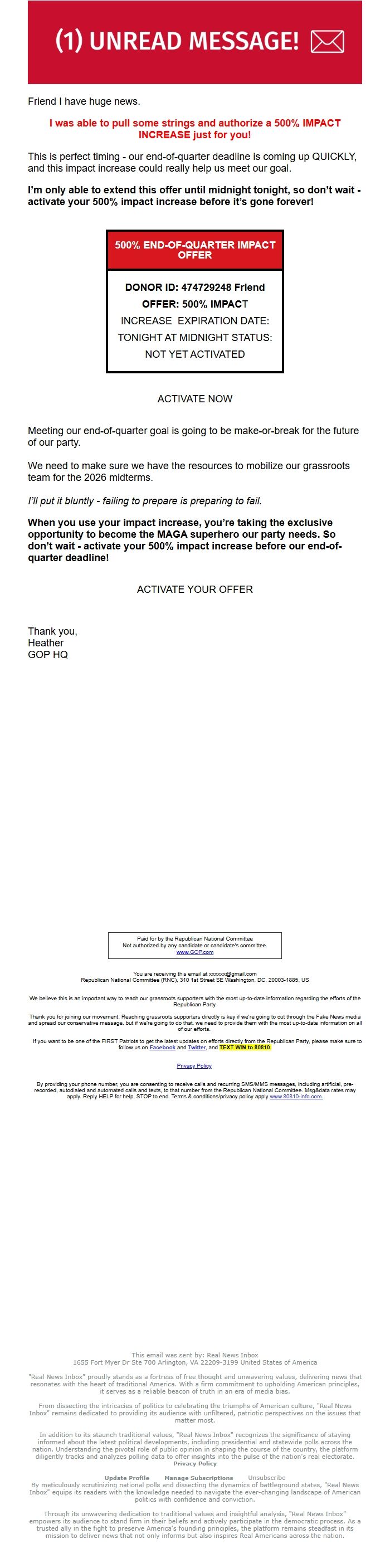 Screenshot of the email generated on import