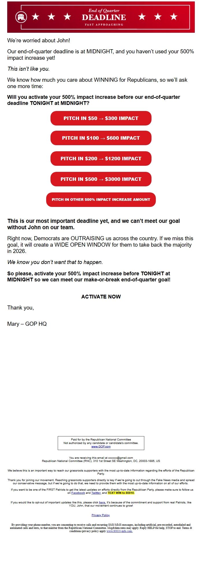 Screenshot of the email generated on import