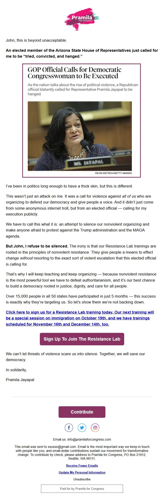 Screenshot of the email generated on import