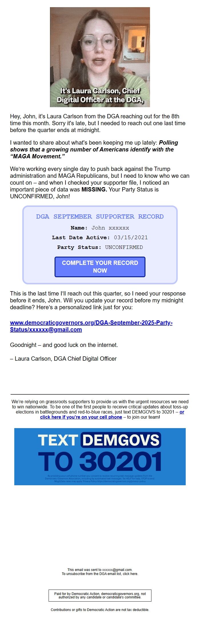 Screenshot of the email generated on import
