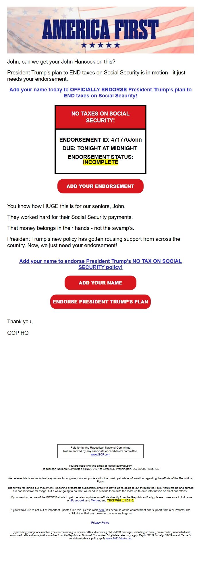Screenshot of the email generated on import