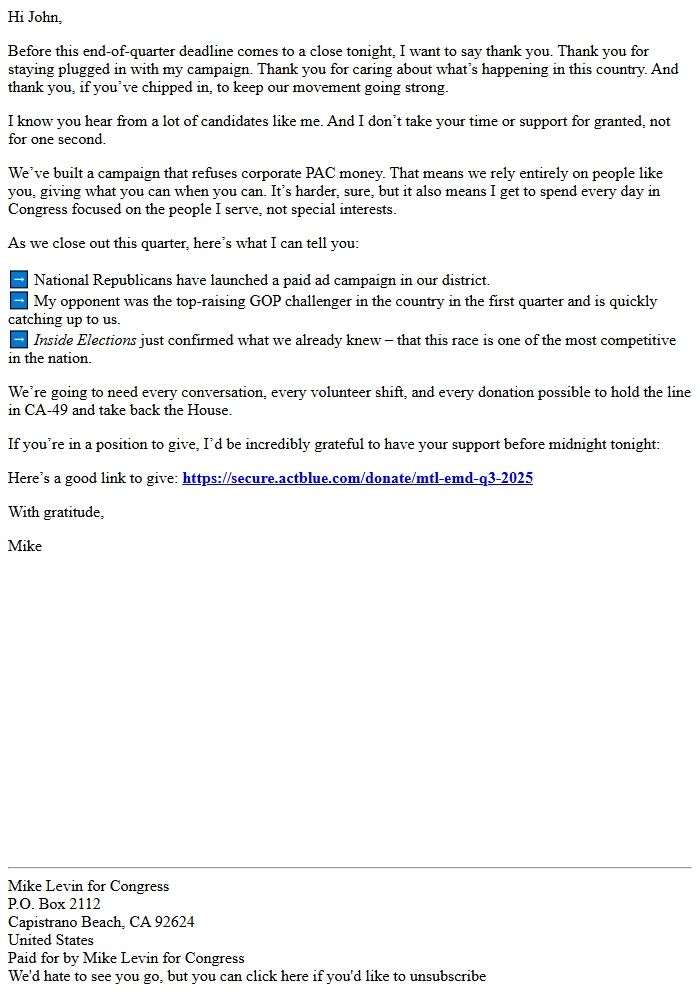 Screenshot of the email generated on import