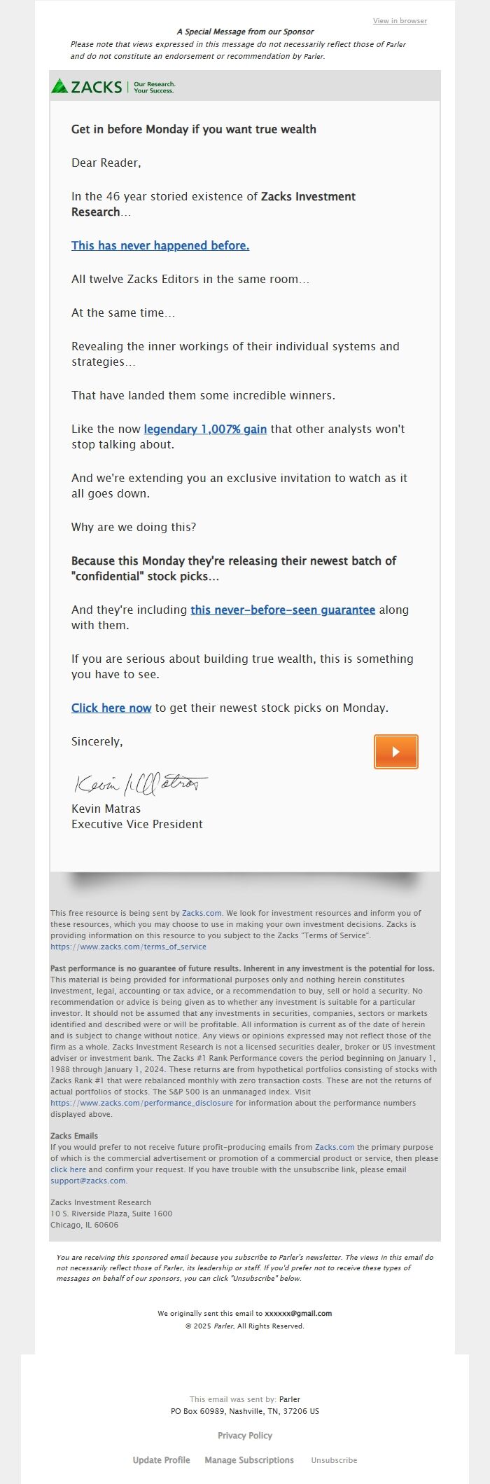Screenshot of the email generated on import