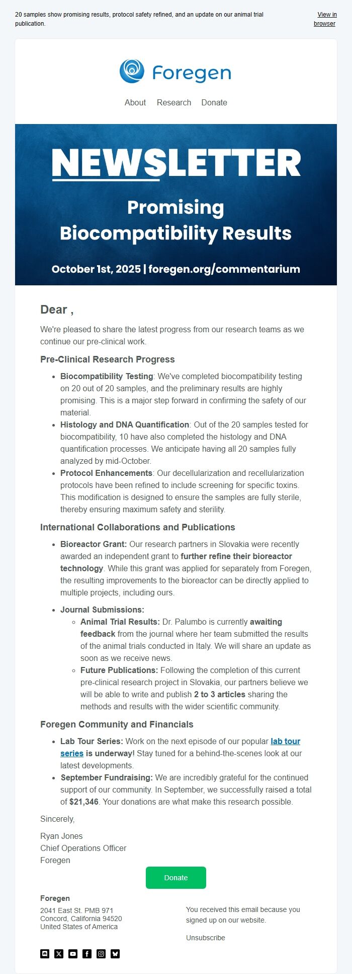 Screenshot of the email generated on import