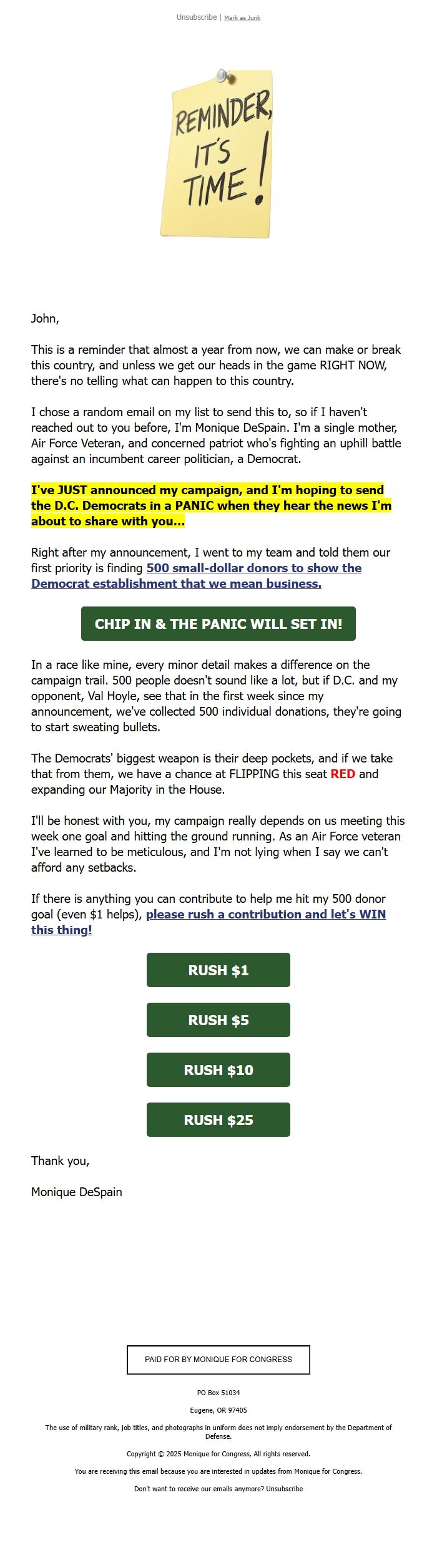 Screenshot of the email generated on import