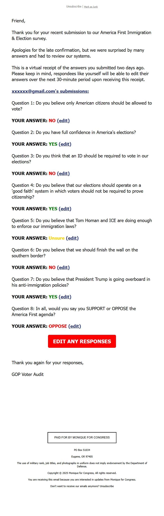Screenshot of the email generated on import