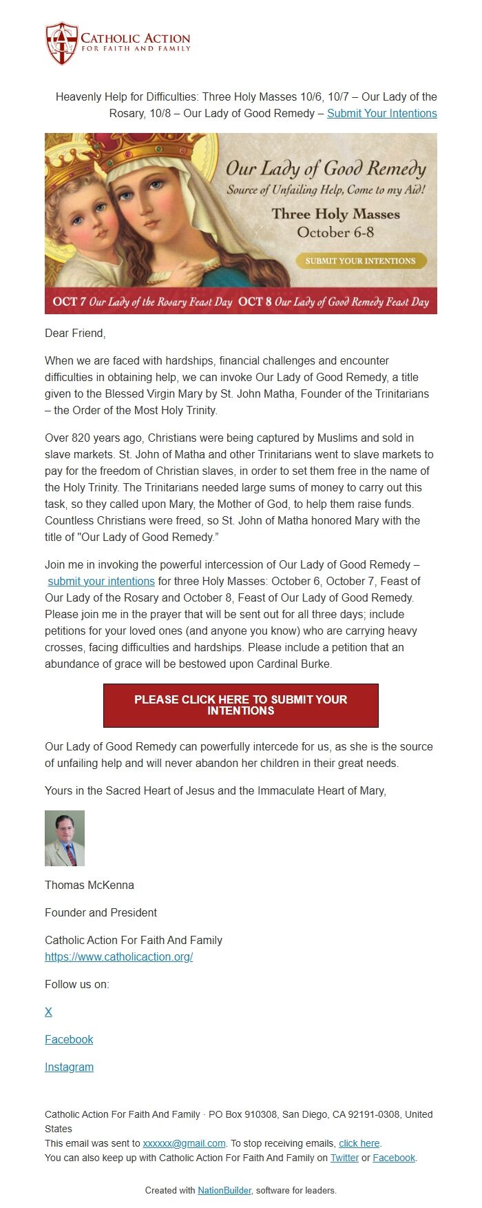 Screenshot of the email generated on import