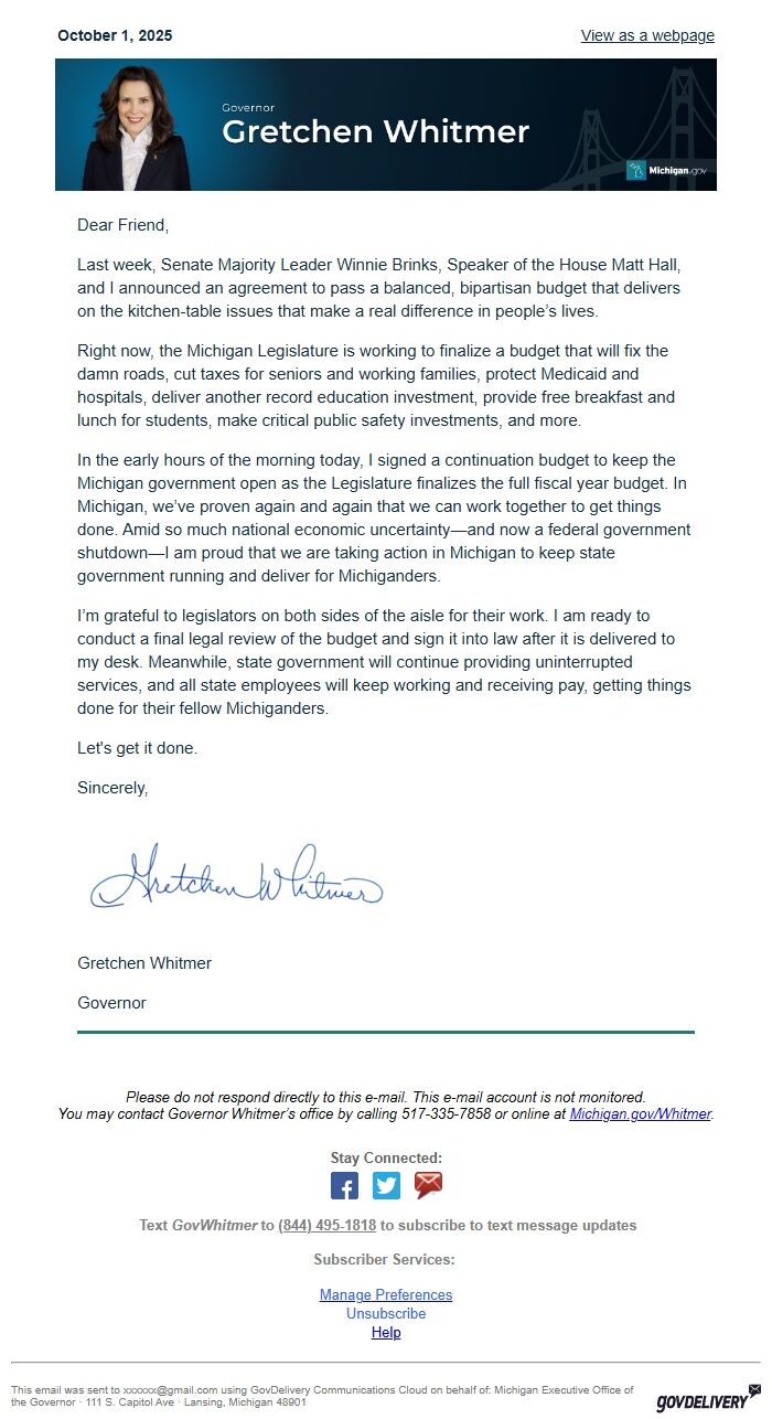 Screenshot of the email generated on import