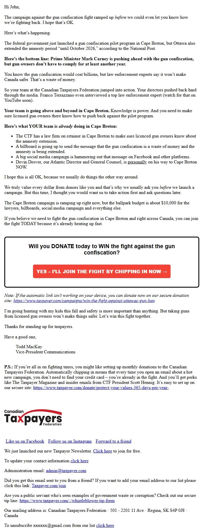 Screenshot of the email generated on import