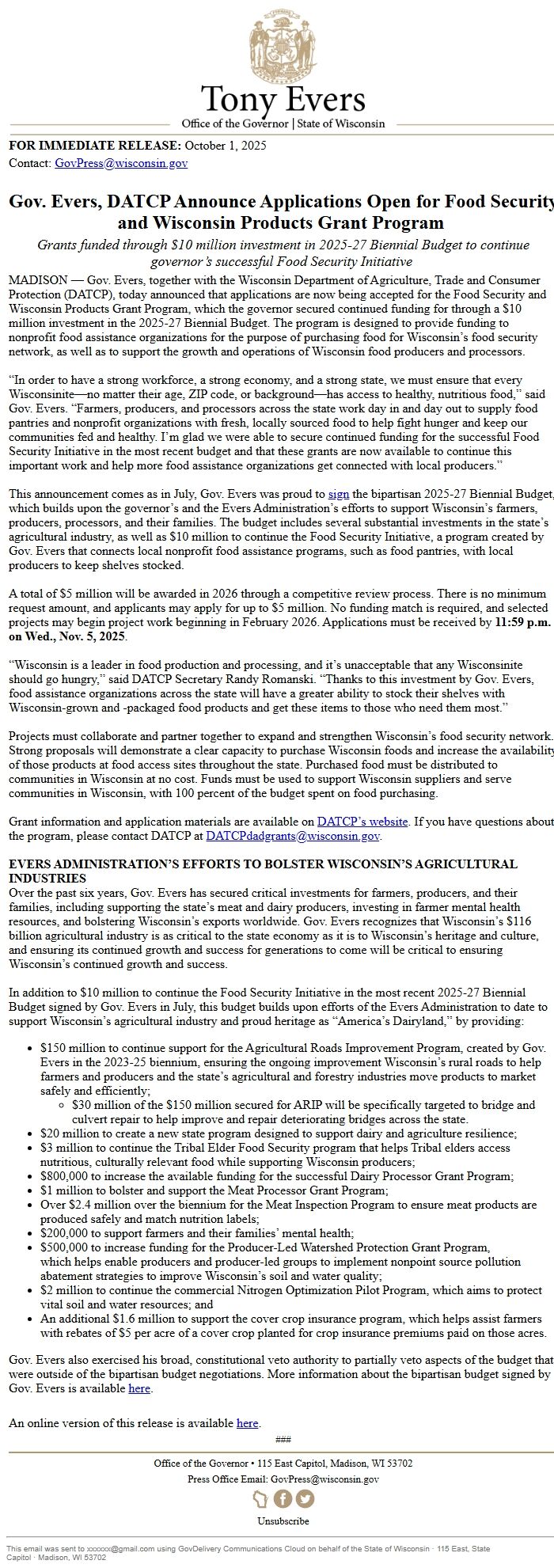 Screenshot of the email generated on import