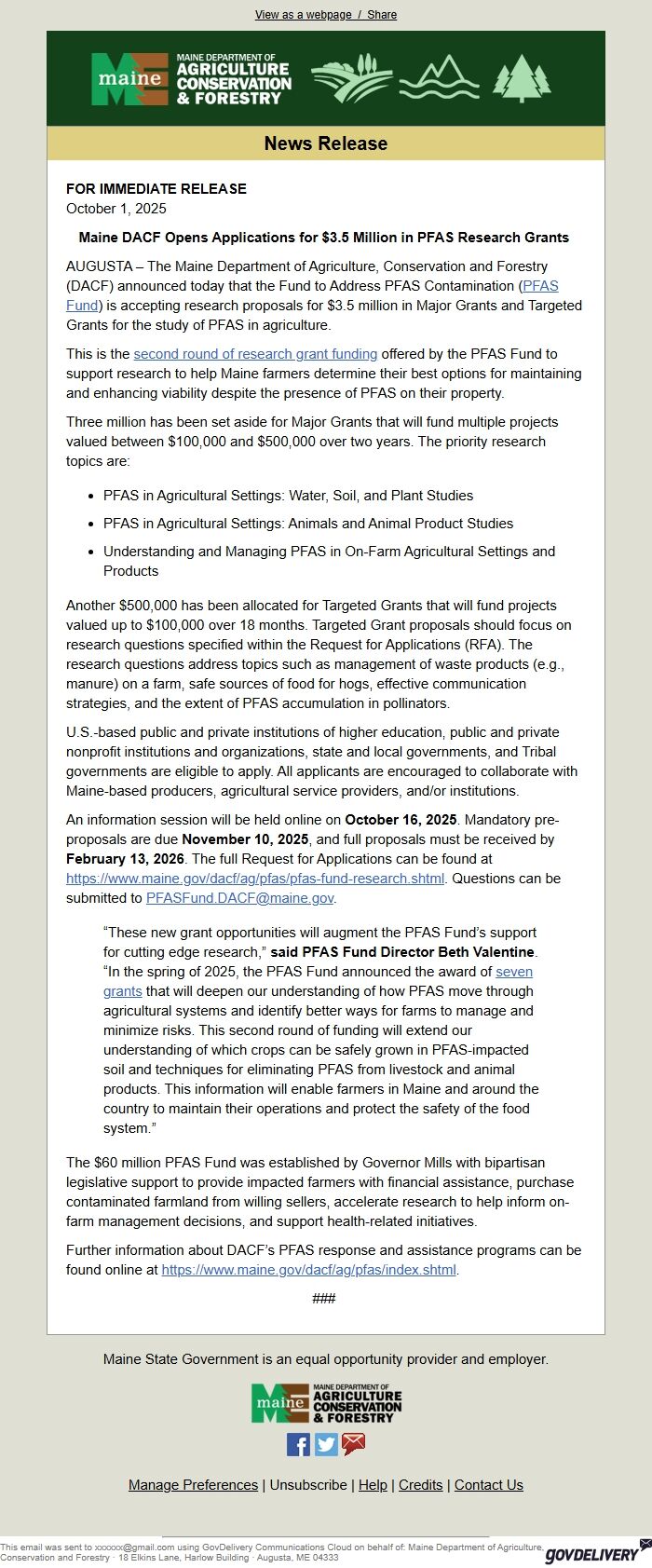 Screenshot of the email generated on import