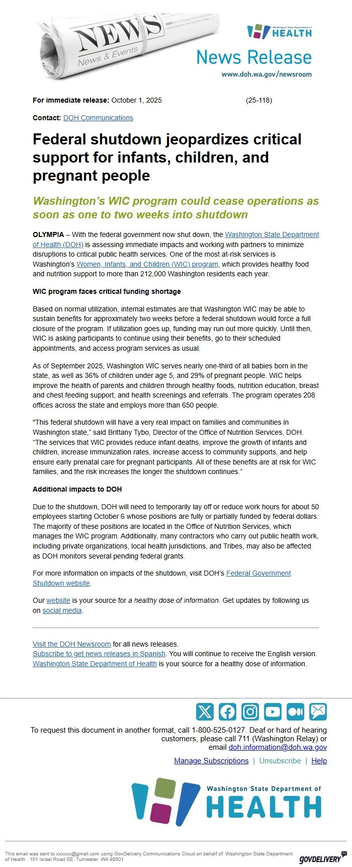 Screenshot of the email generated on import