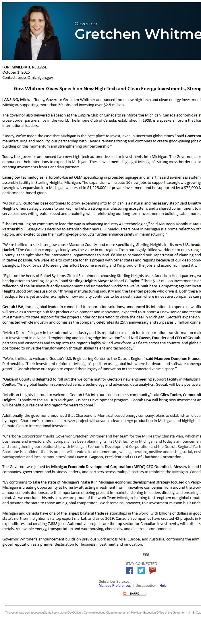 Screenshot of the email generated on import