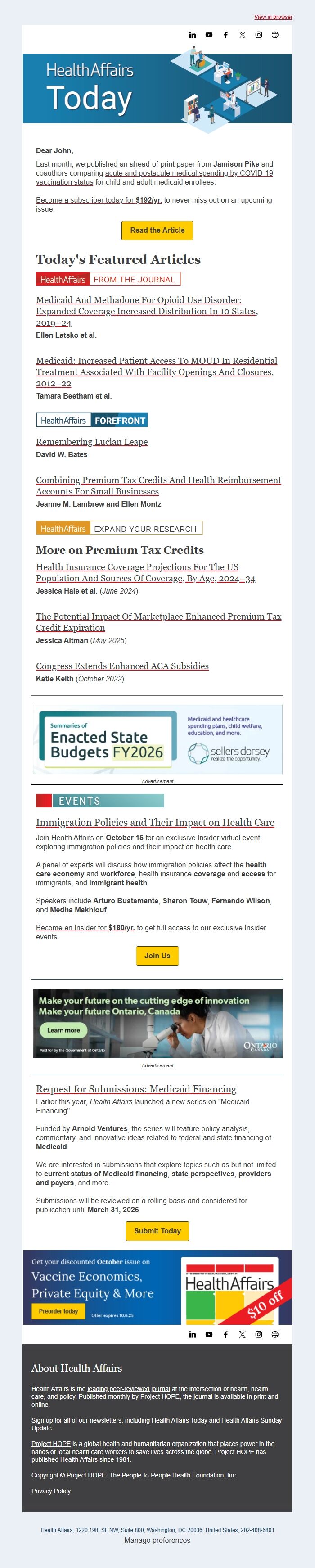 Screenshot of the email generated on import