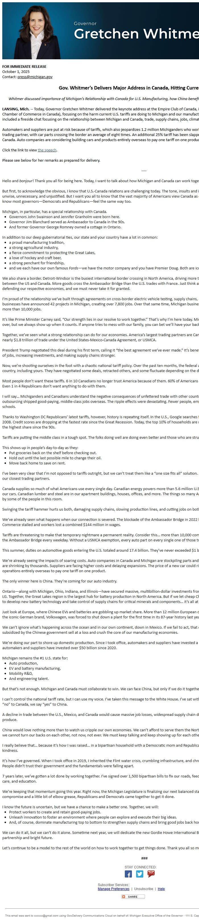 Screenshot of the email generated on import