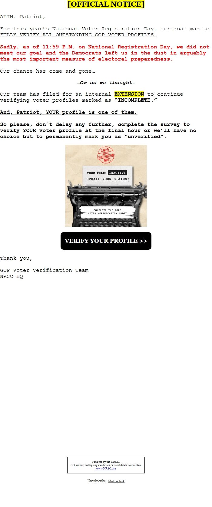 Screenshot of the email generated on import