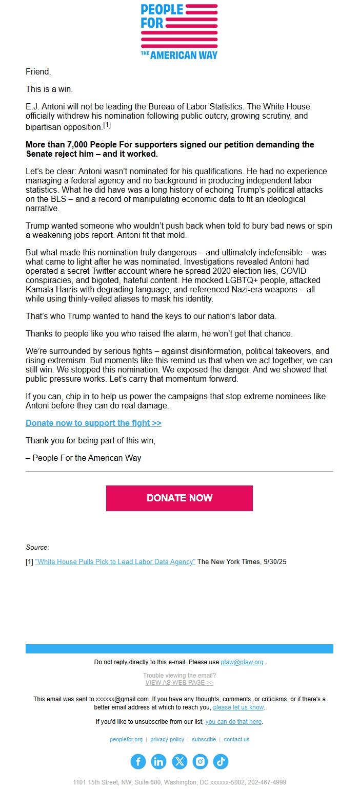 Screenshot of the email generated on import