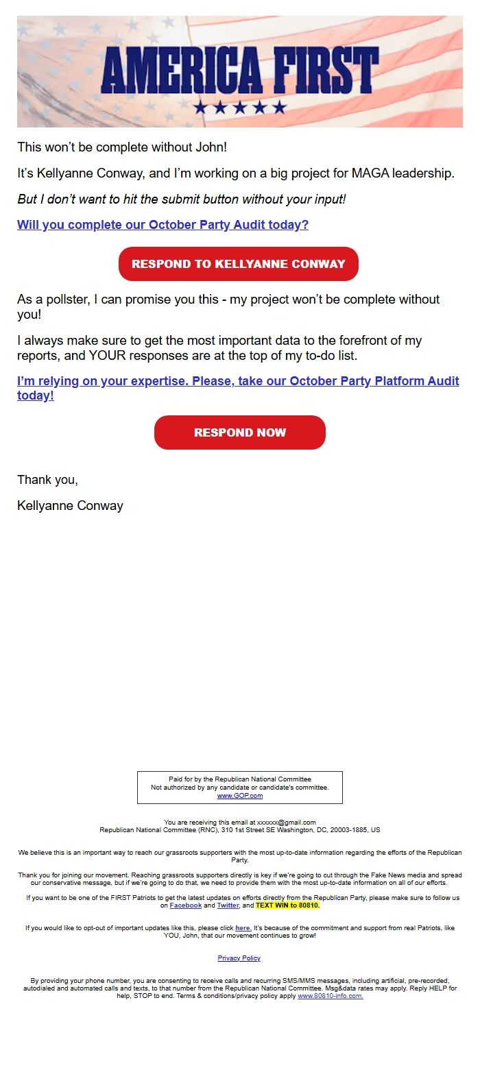 Screenshot of the email generated on import